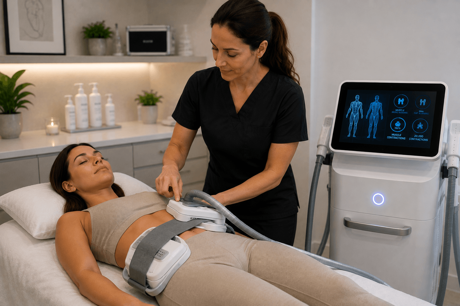 Practitioner positioning HIFEM body toning applicators on a client's abdomen and thighs